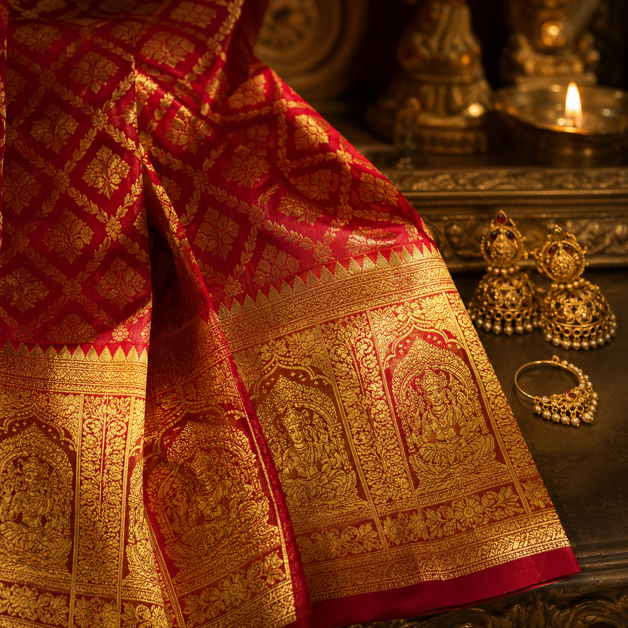 Gold zari detail on a red silk Kanjivaram saree